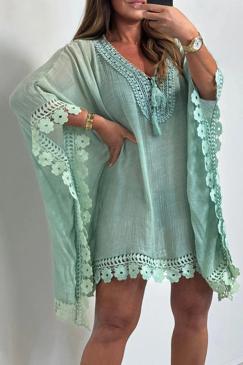 Women's Bat Sleeve Splicing Hollow Edge Holiday Casual Dress