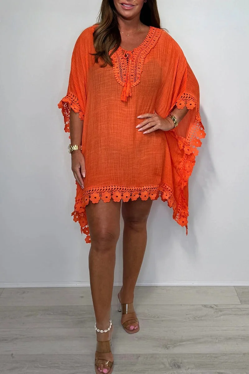 Women's Bat Sleeve Splicing Hollow Edge Holiday Casual Dress