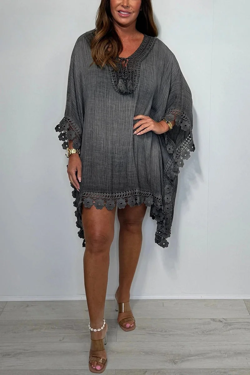 Women's Bat Sleeve Splicing Hollow Edge Holiday Casual Dress