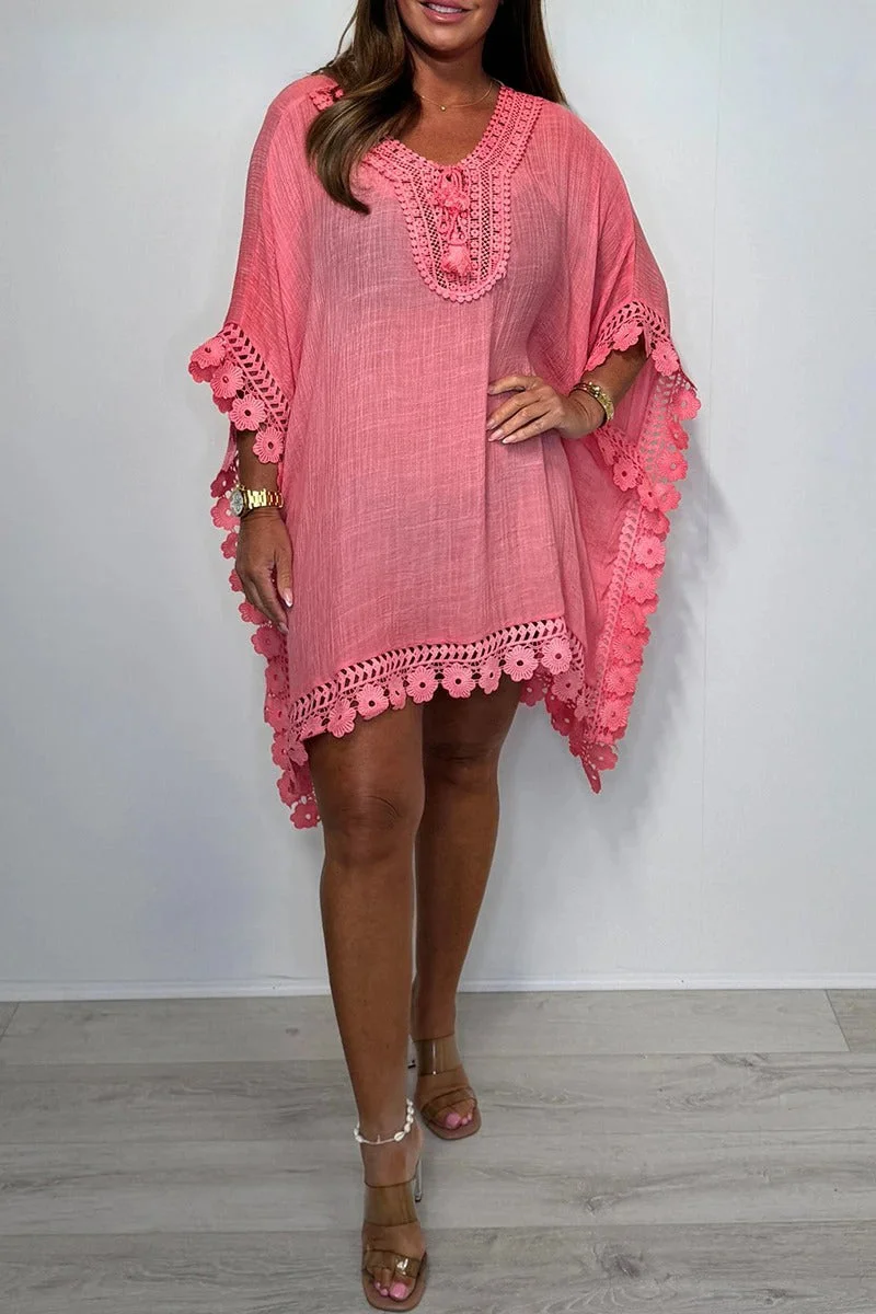 Women's Bat Sleeve Splicing Hollow Edge Holiday Casual Dress