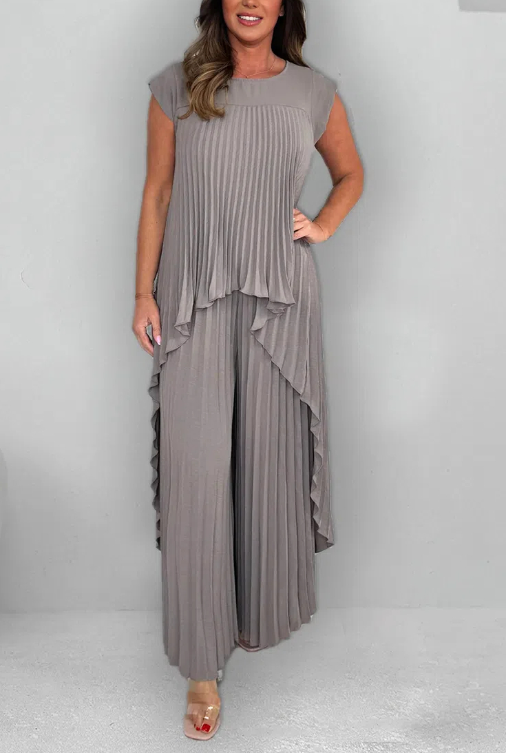 Women's Round Neck Splicing Pleated Irregular Casual Suit