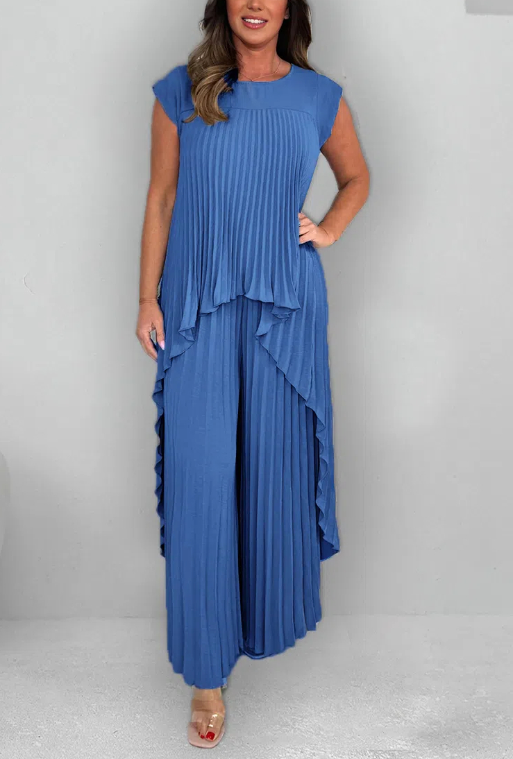 Women's Round Neck Splicing Pleated Irregular Casual Suit