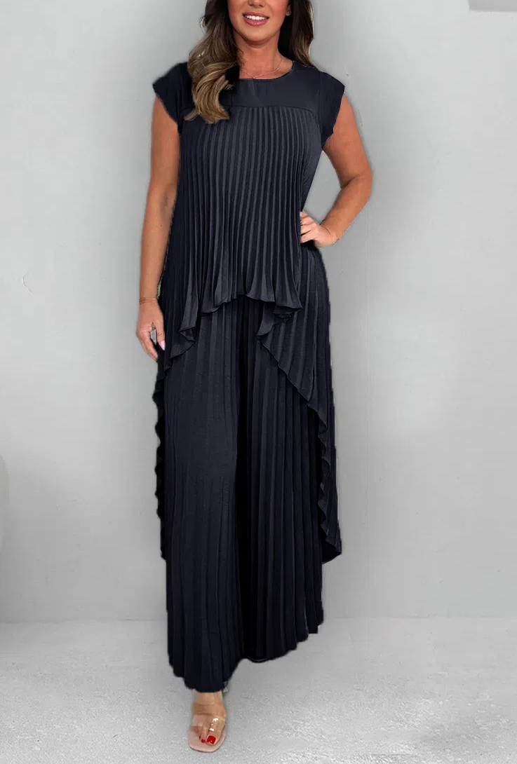 Women's Round Neck Splicing Pleated Irregular Casual Suit