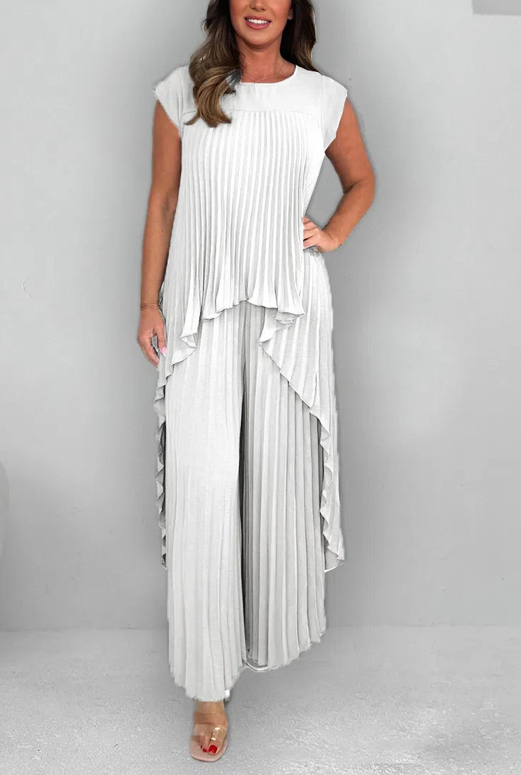 Women's Round Neck Splicing Pleated Irregular Casual Suit