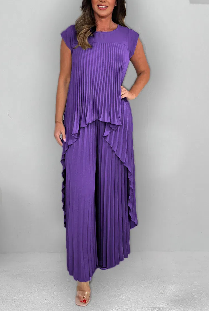 Women's Round Neck Splicing Pleated Irregular Casual Suit