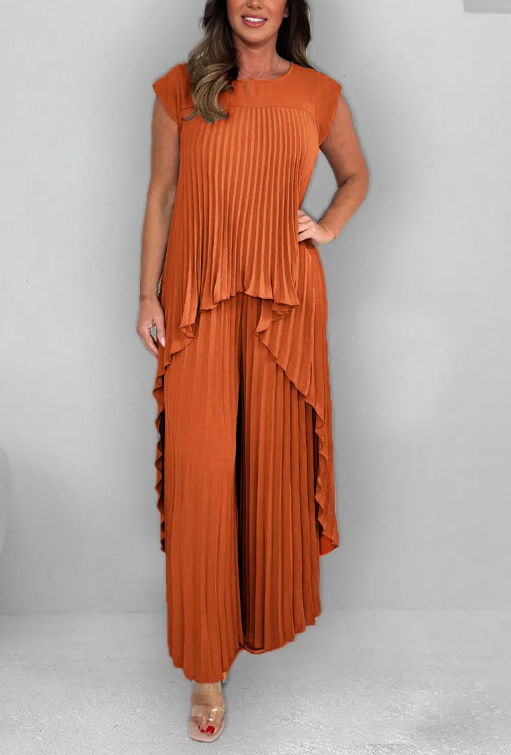 Women's Round Neck Splicing Pleated Irregular Casual Suit