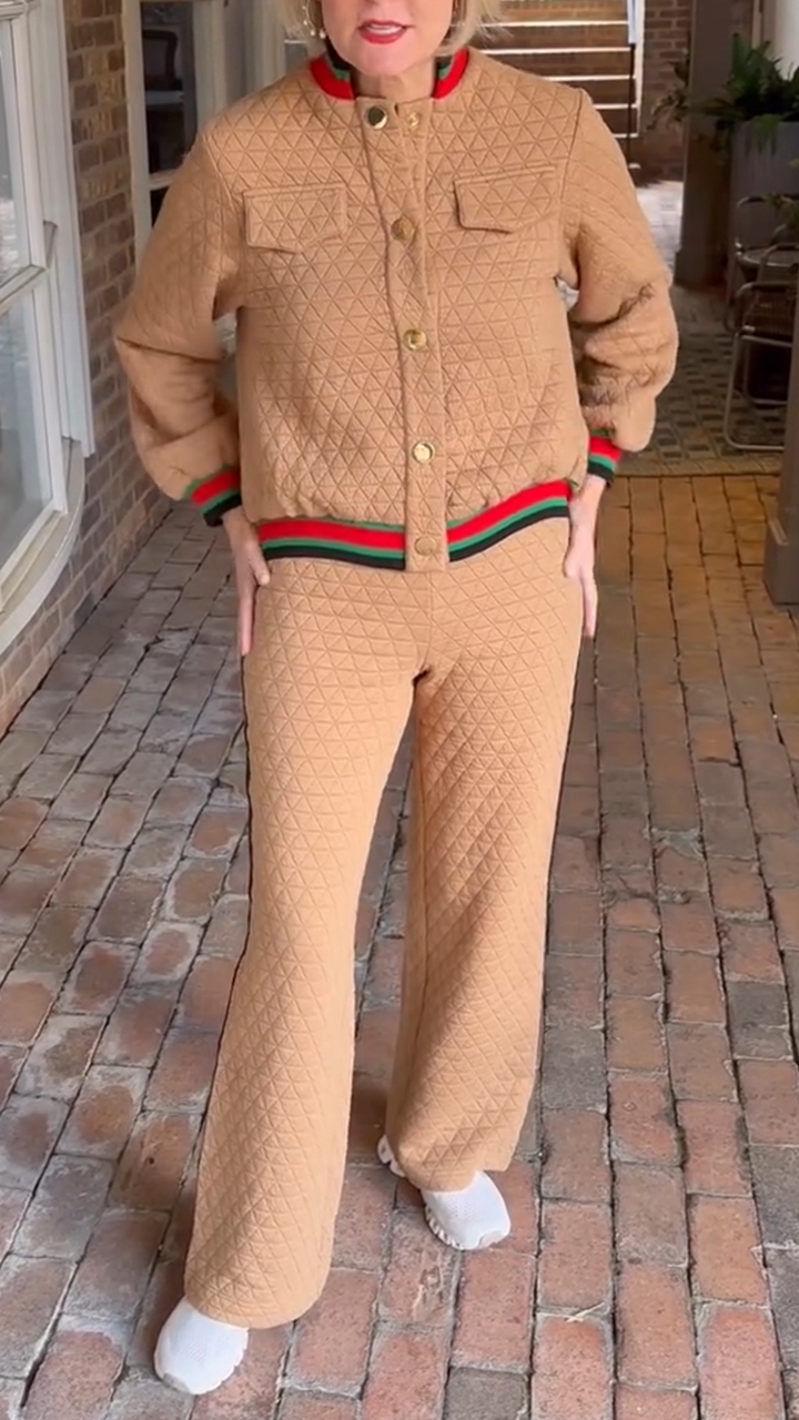 Women Round-neck Button-down Contrasting Jacket + Pants Casual Suit