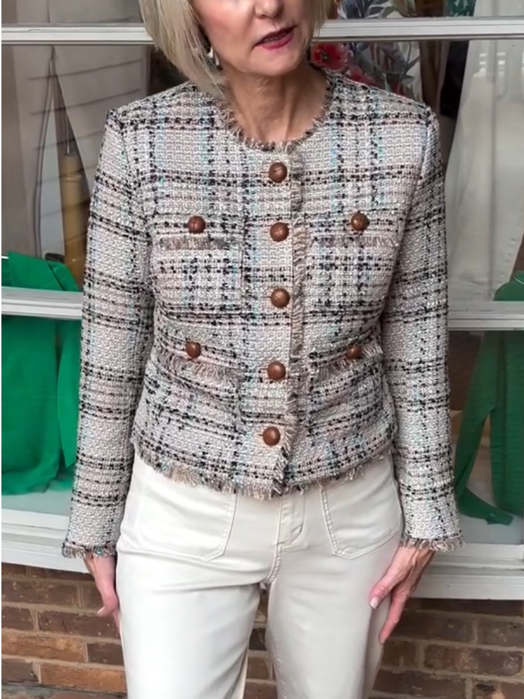 Women Round Neck Buttoned Fringe Casual Jacket