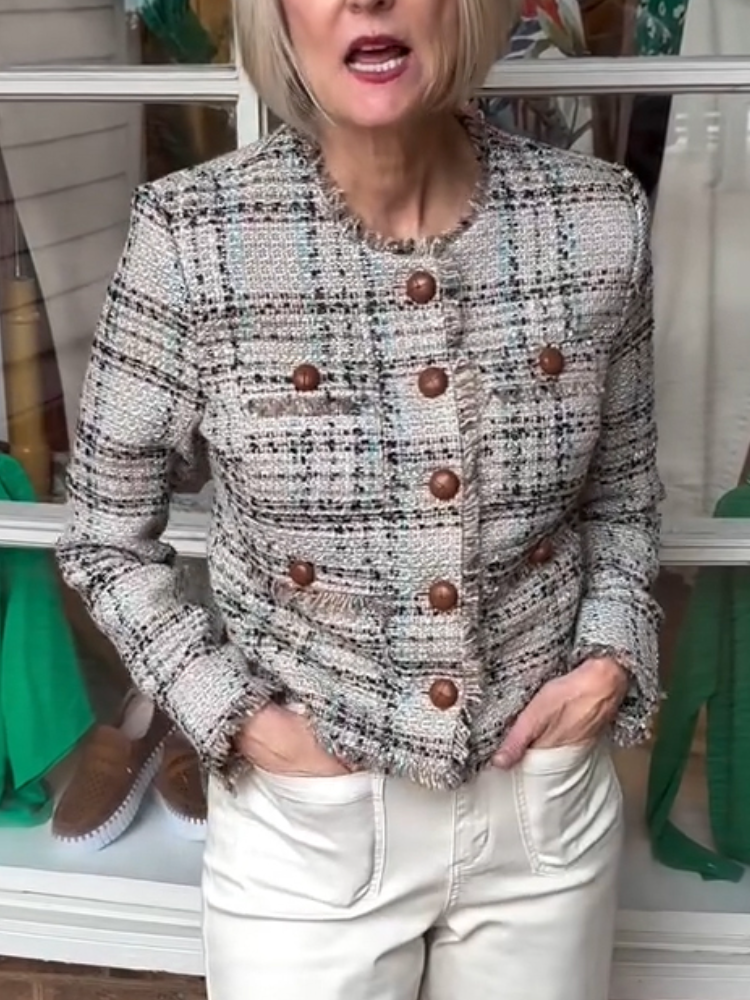 Women Round Neck Buttoned Fringe Casual Jacket