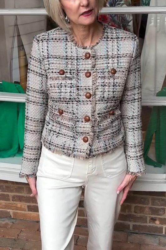 Women Round Neck Buttoned Fringe Casual Jacket