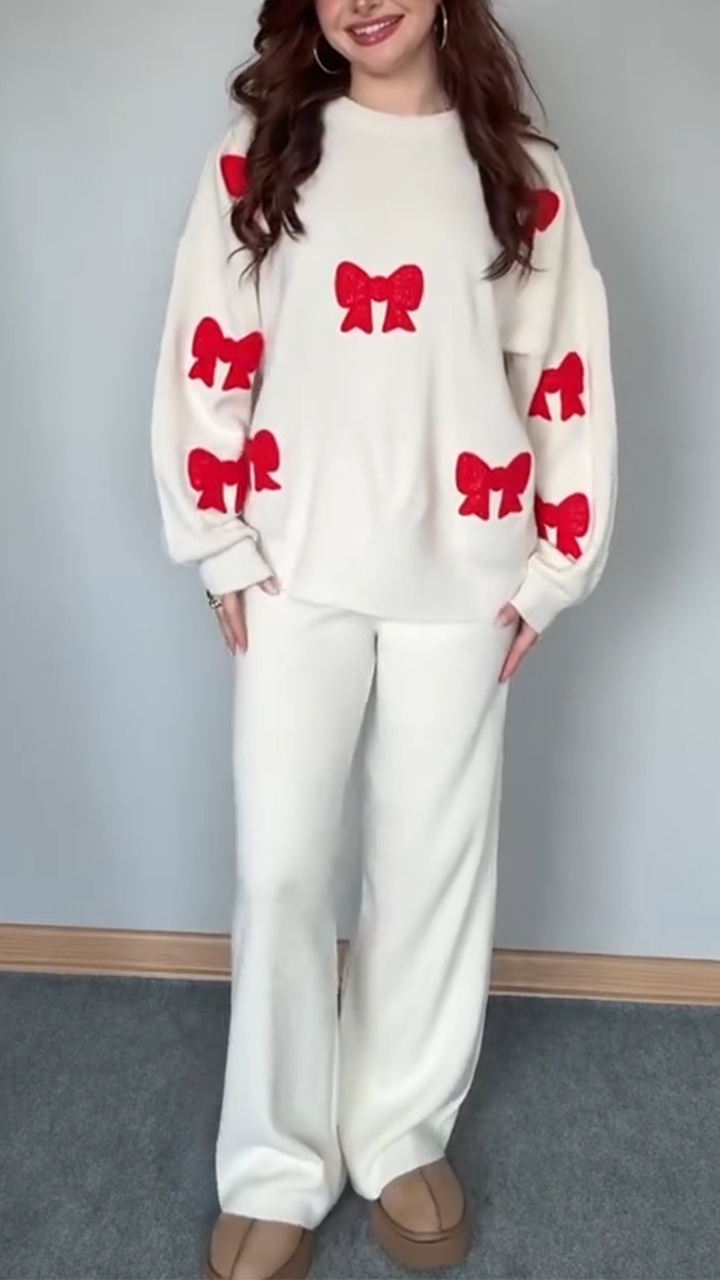 Women Round Neck Bow Print Casual Suit