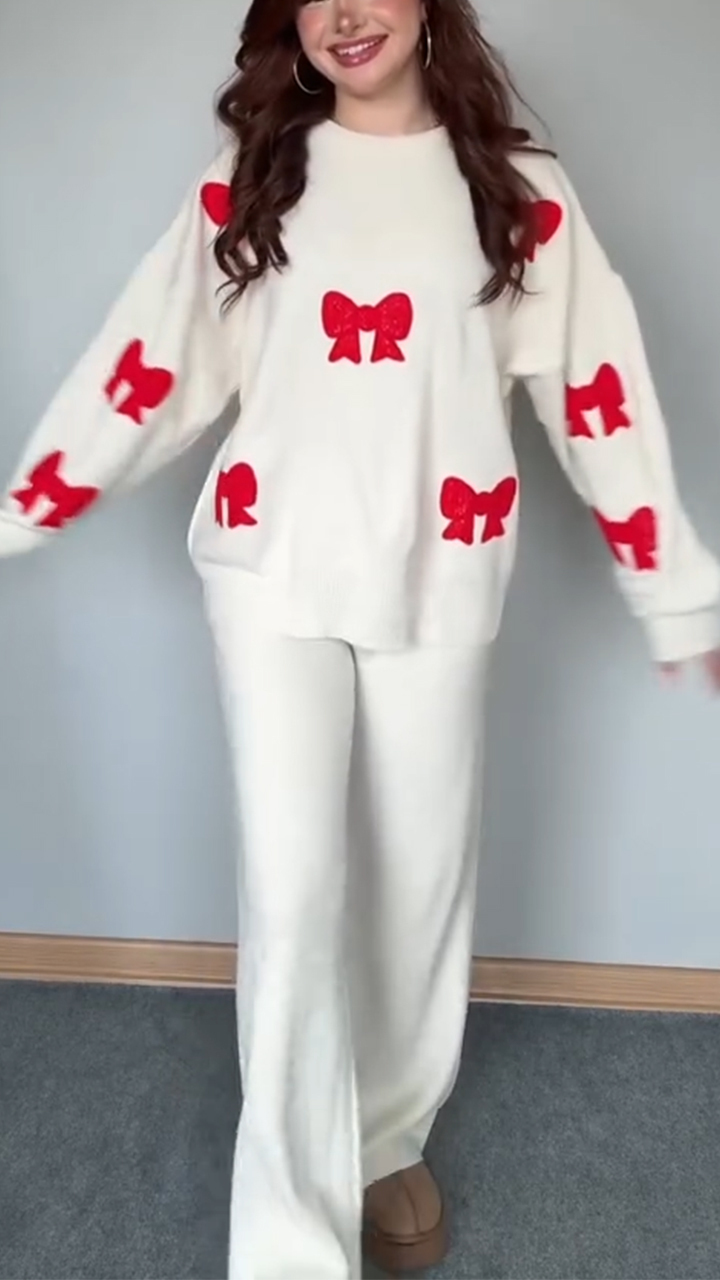 Women Round Neck Bow Print Casual Suit