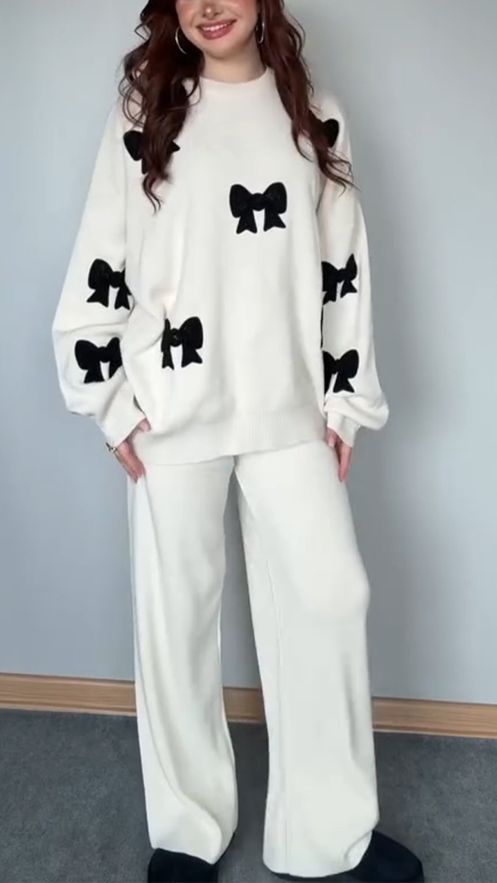 Women Round Neck Bow Print Casual Suit