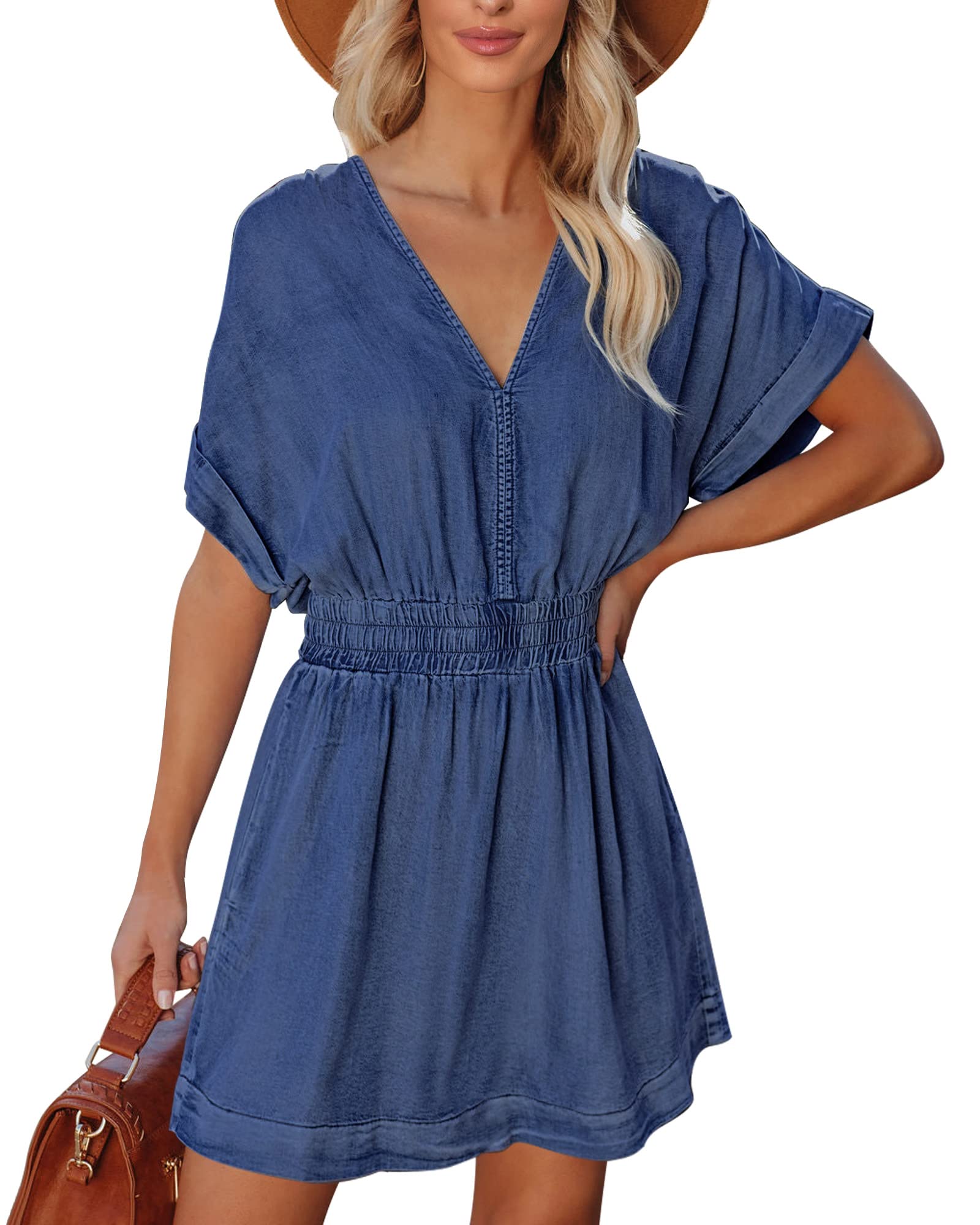 Waistband slimming V-neck denim dress with Pockets