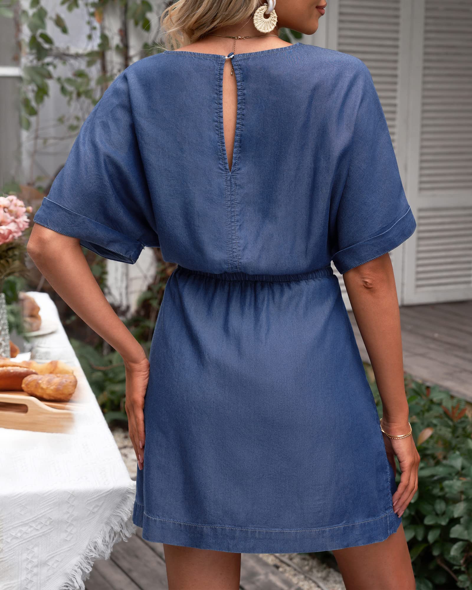 Waistband slimming V-neck denim dress with Pockets