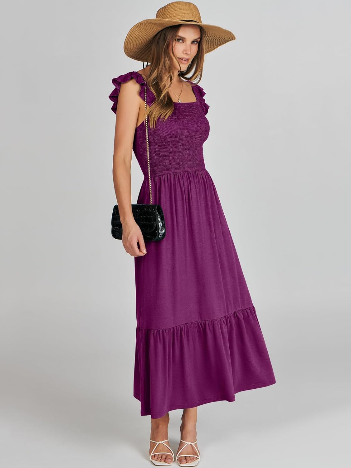 Women’s Summer Maxi Dress Square Neck Ruffle Sleeveless Smocked Tiered Casual Beach Sundress with Pockets