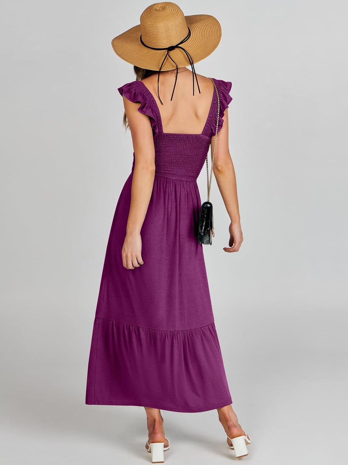 Women’s Summer Maxi Dress Square Neck Ruffle Sleeveless Smocked Tiered Casual Beach Sundress with Pockets