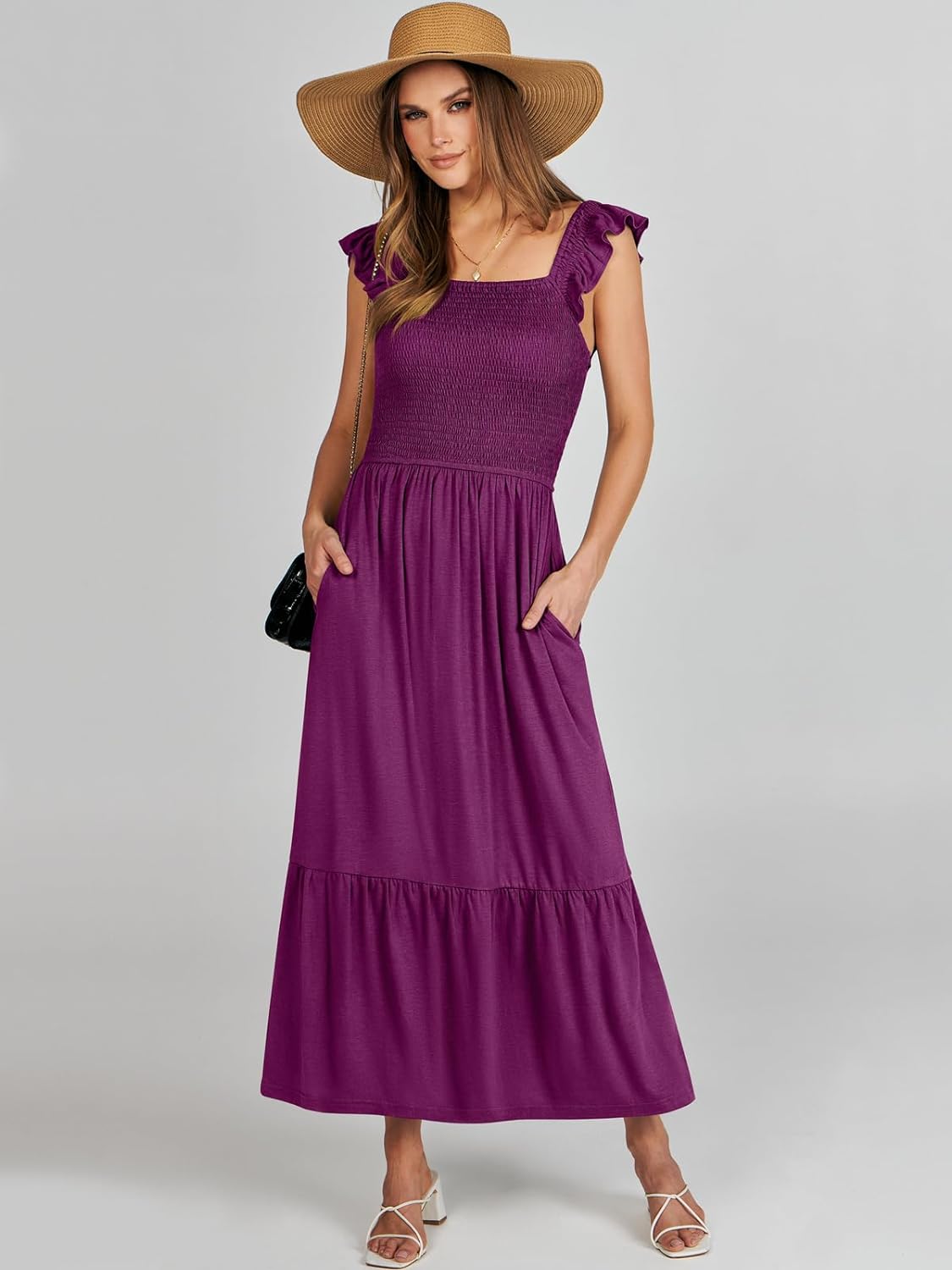 Women’s Summer Maxi Dress Square Neck Ruffle Sleeveless Smocked Tiered Casual Beach Sundress with Pockets