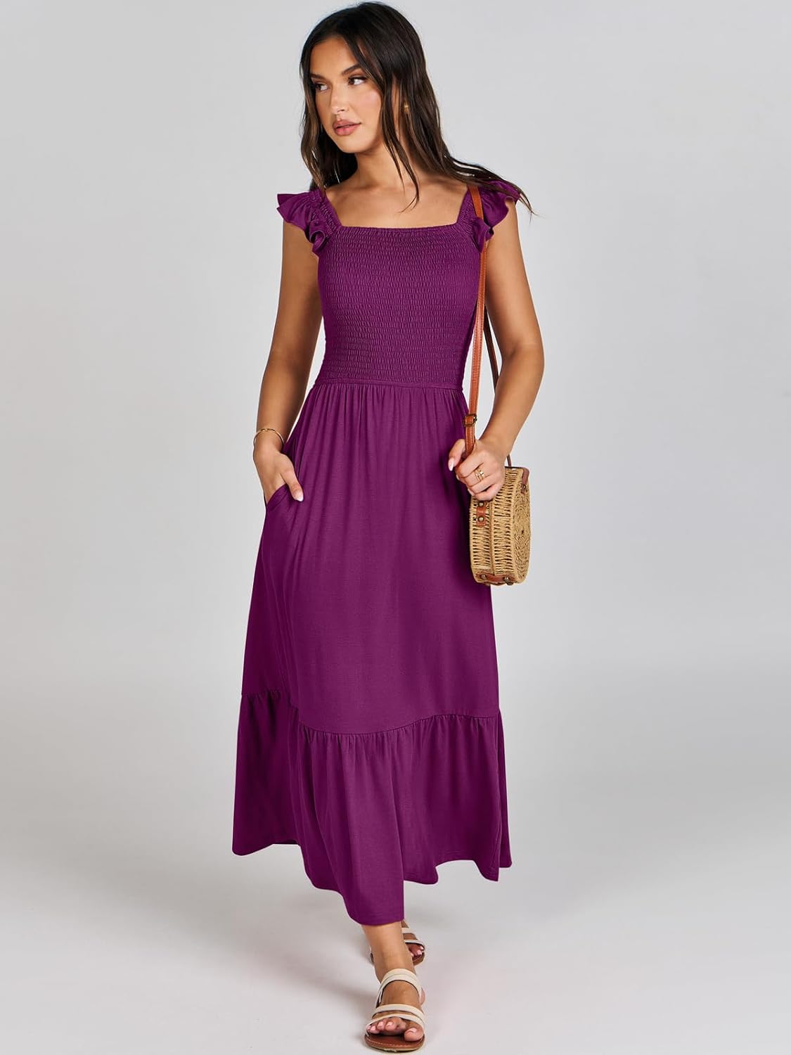 Women’s Summer Maxi Dress Square Neck Ruffle Sleeveless Smocked Tiered Casual Beach Sundress with Pockets