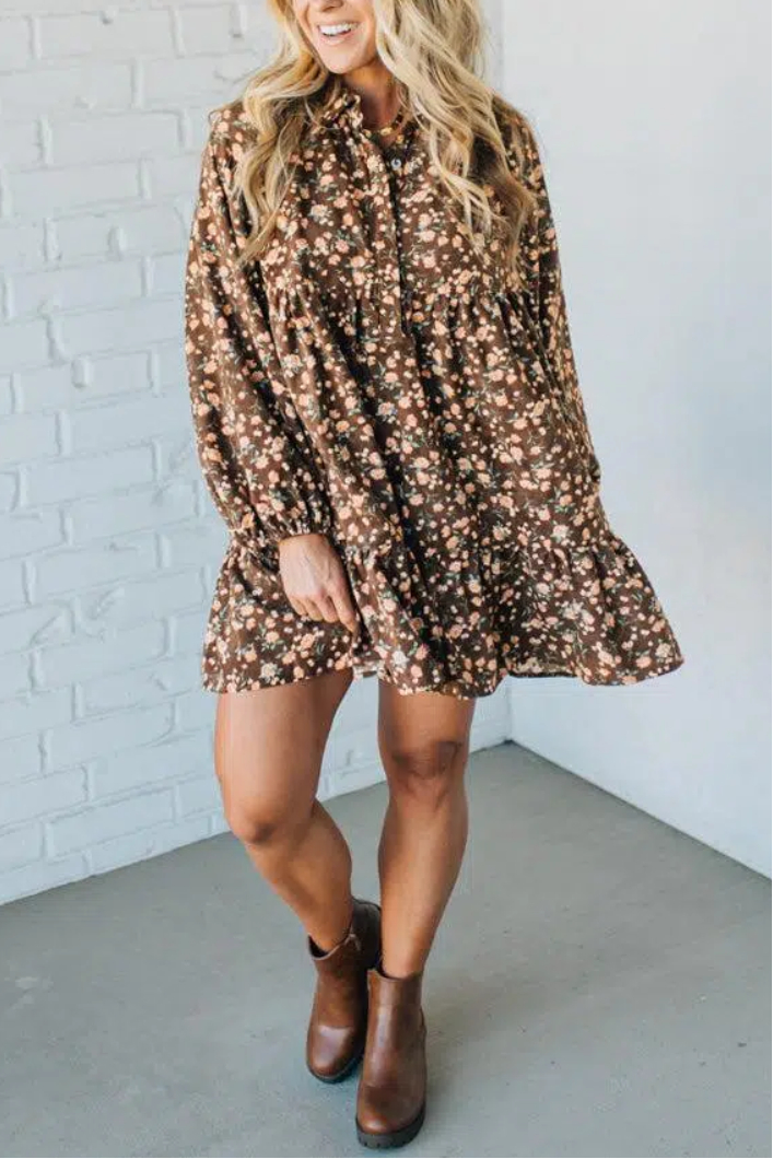 Floral Print Corduroy Tiered Shirt Dress