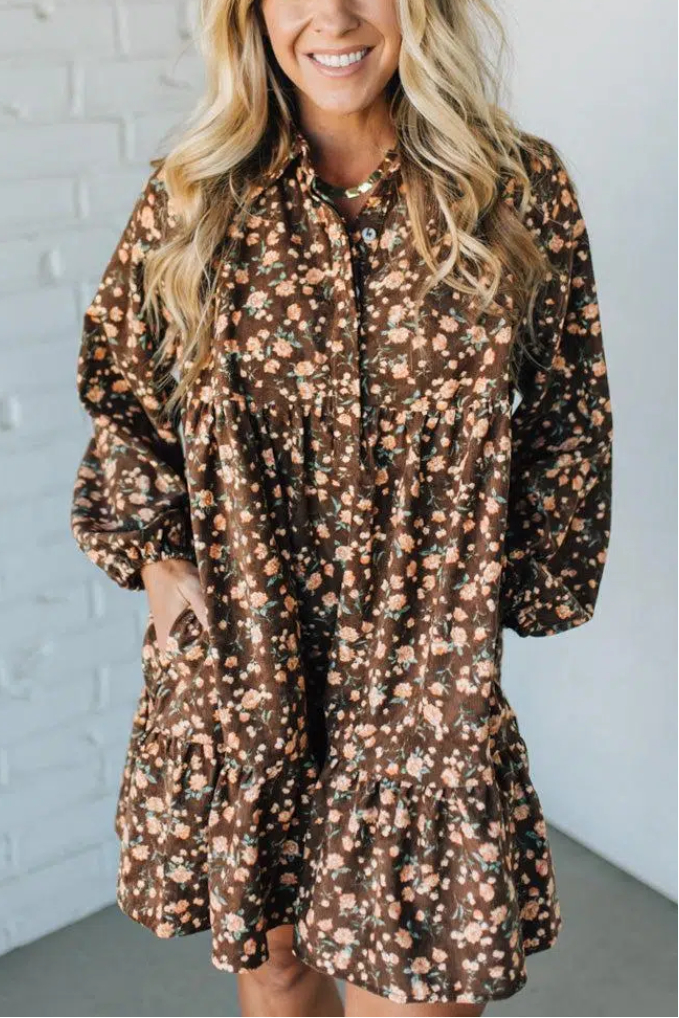 Floral Print Corduroy Tiered Shirt Dress