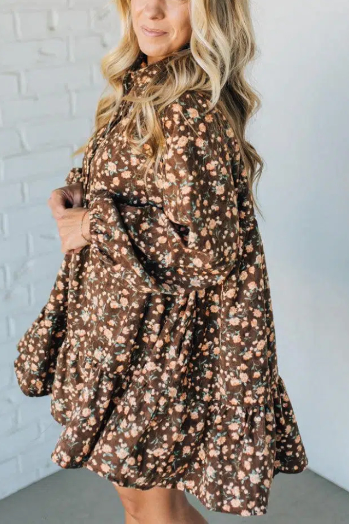 Floral Print Corduroy Tiered Shirt Dress