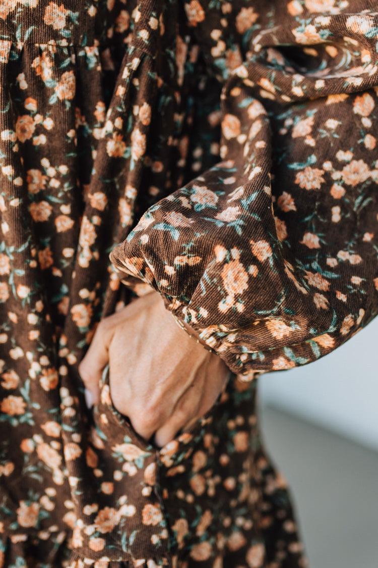 Floral Print Corduroy Tiered Shirt Dress