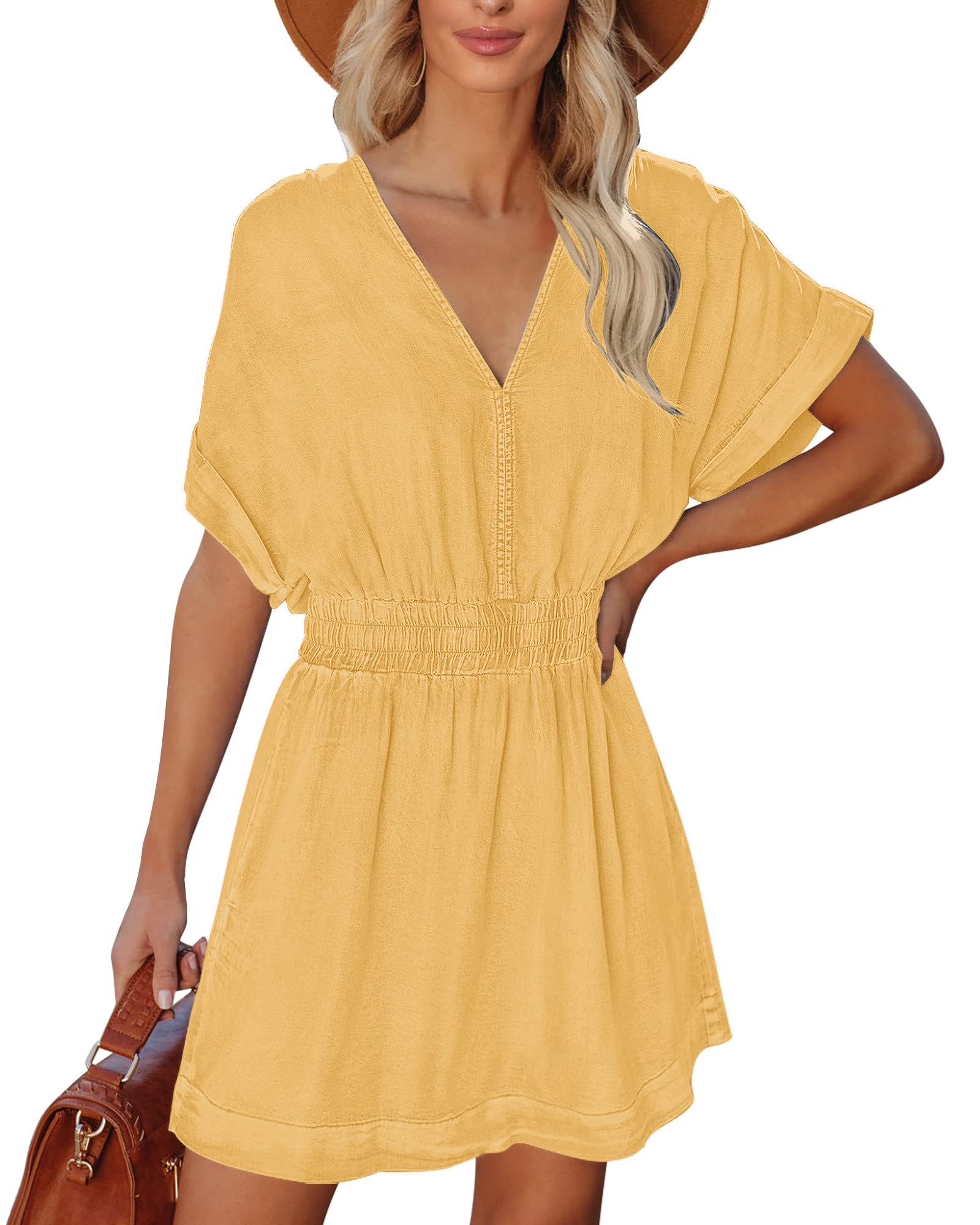 Waistband slimming V-neck denim dress with Pockets