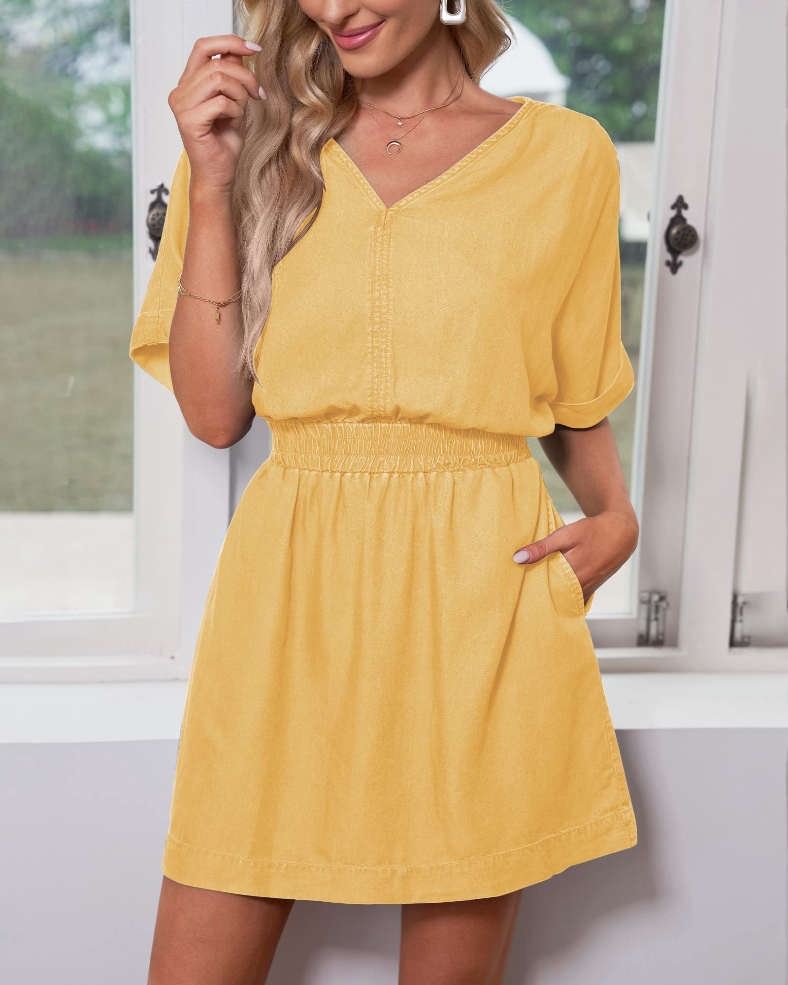 Waistband slimming V-neck denim dress with Pockets