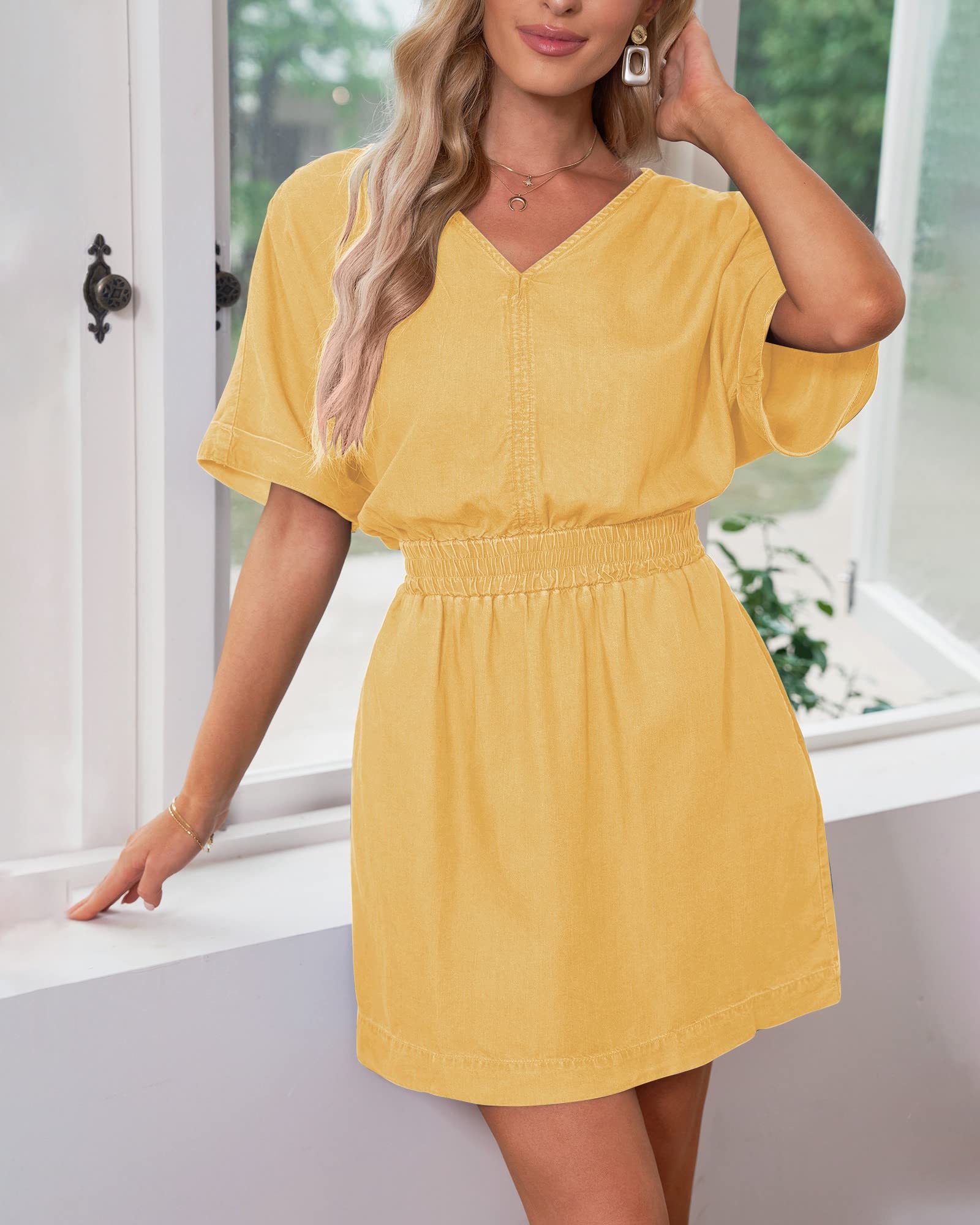 Waistband slimming V-neck denim dress with Pockets