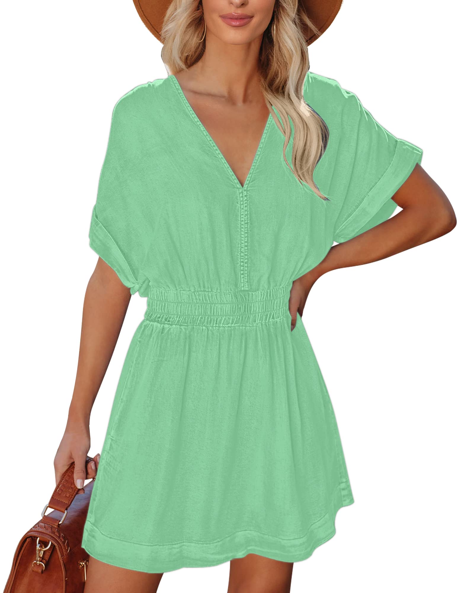 Waistband slimming V-neck denim dress with Pockets
