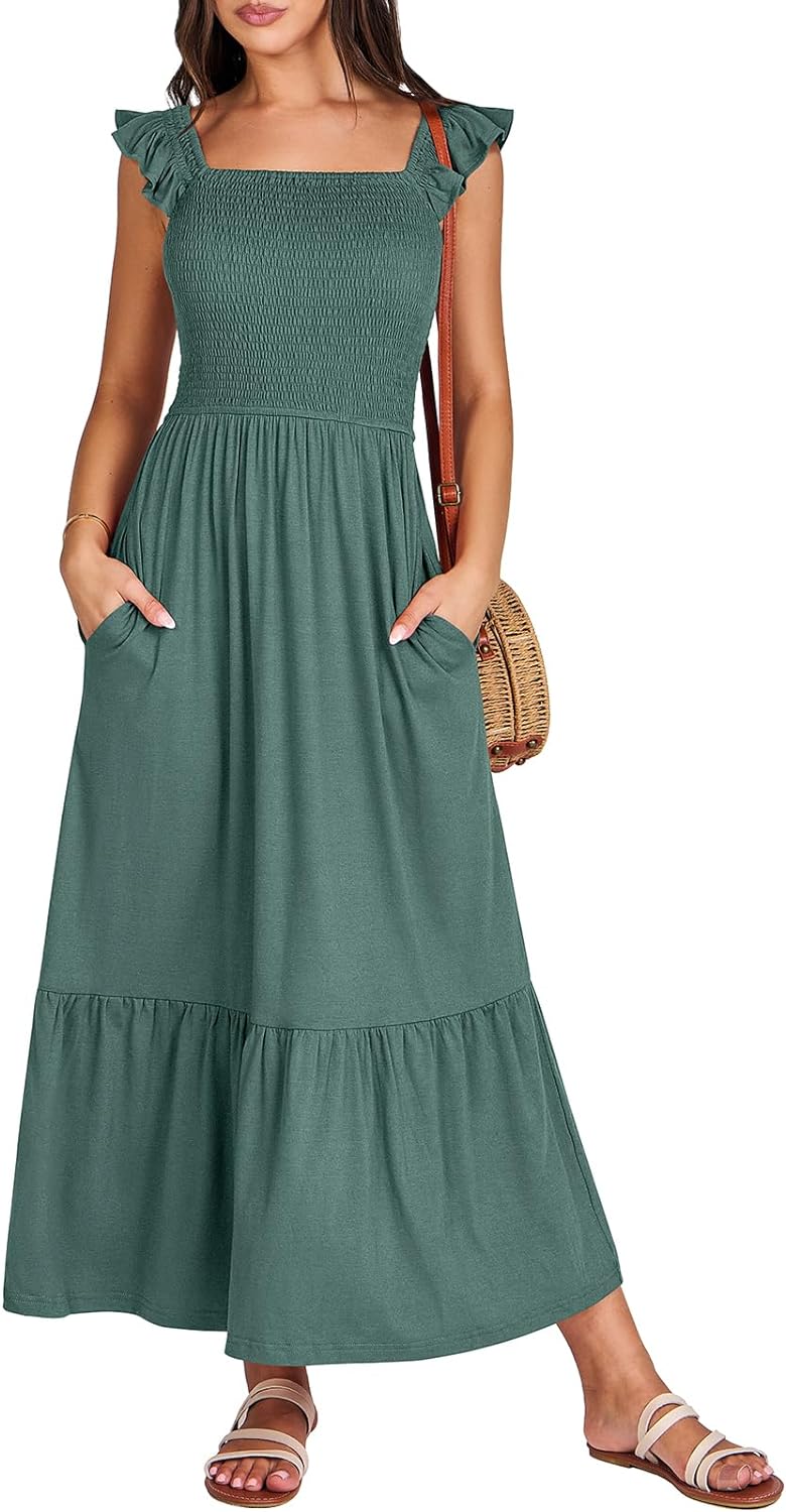 Women’s Summer Maxi Dress Square Neck Ruffle Sleeveless Smocked Tiered Casual Beach Sundress with Pockets