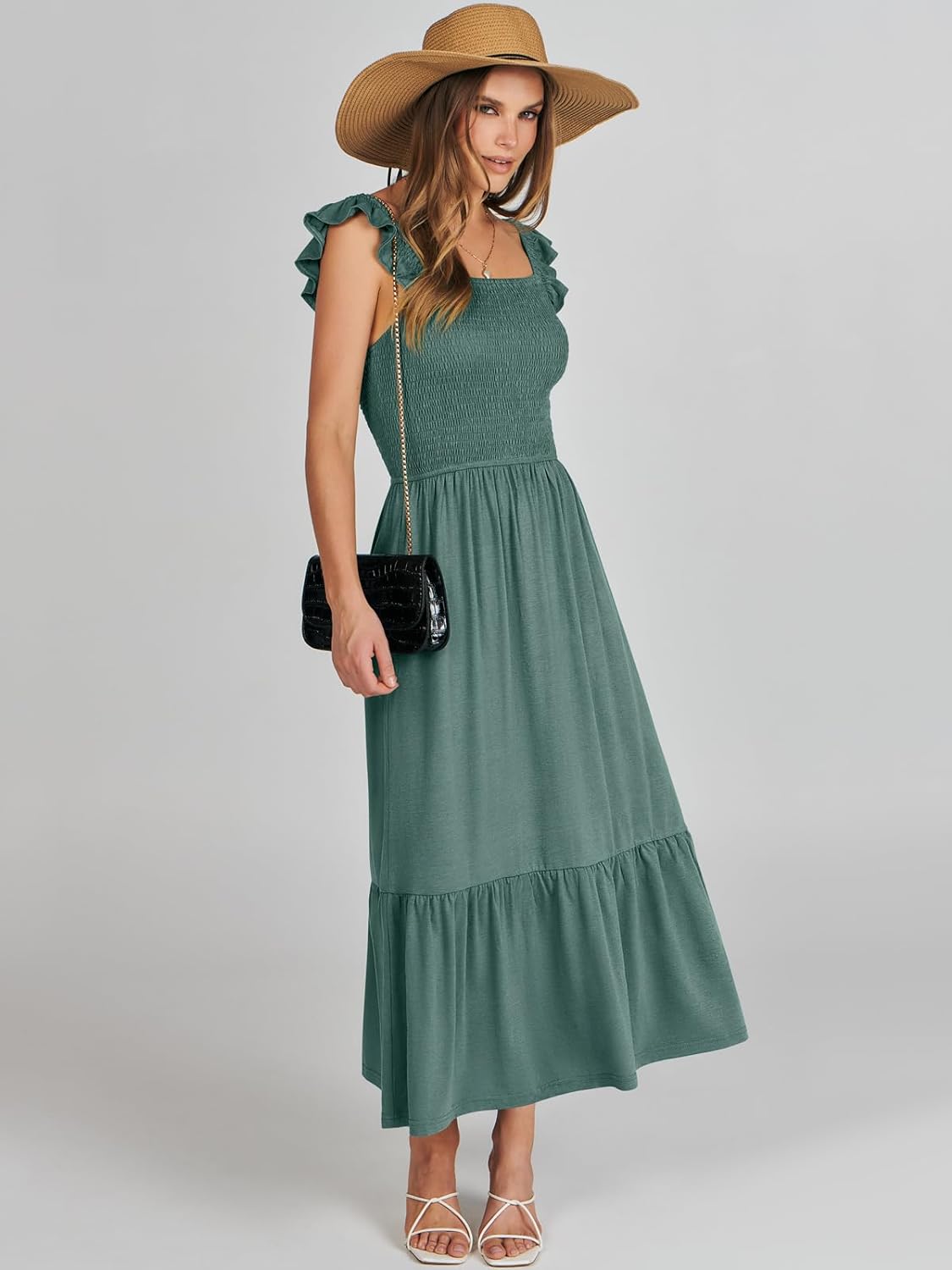 Women’s Summer Maxi Dress Square Neck Ruffle Sleeveless Smocked Tiered Casual Beach Sundress with Pockets