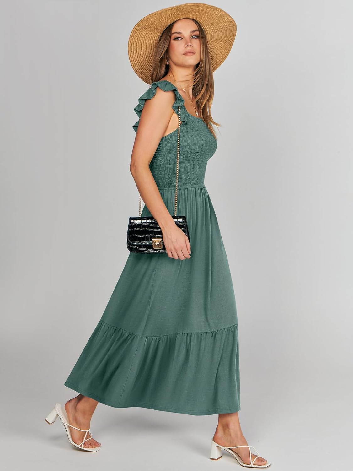 Women’s Summer Maxi Dress Square Neck Ruffle Sleeveless Smocked Tiered Casual Beach Sundress with Pockets