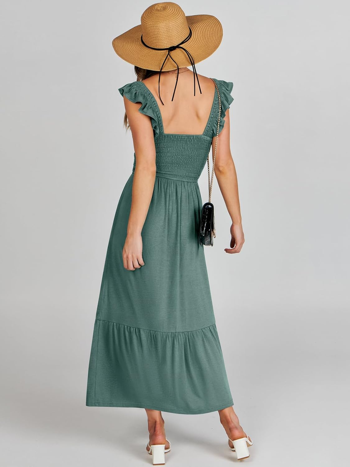 Women’s Summer Maxi Dress Square Neck Ruffle Sleeveless Smocked Tiered Casual Beach Sundress with Pockets