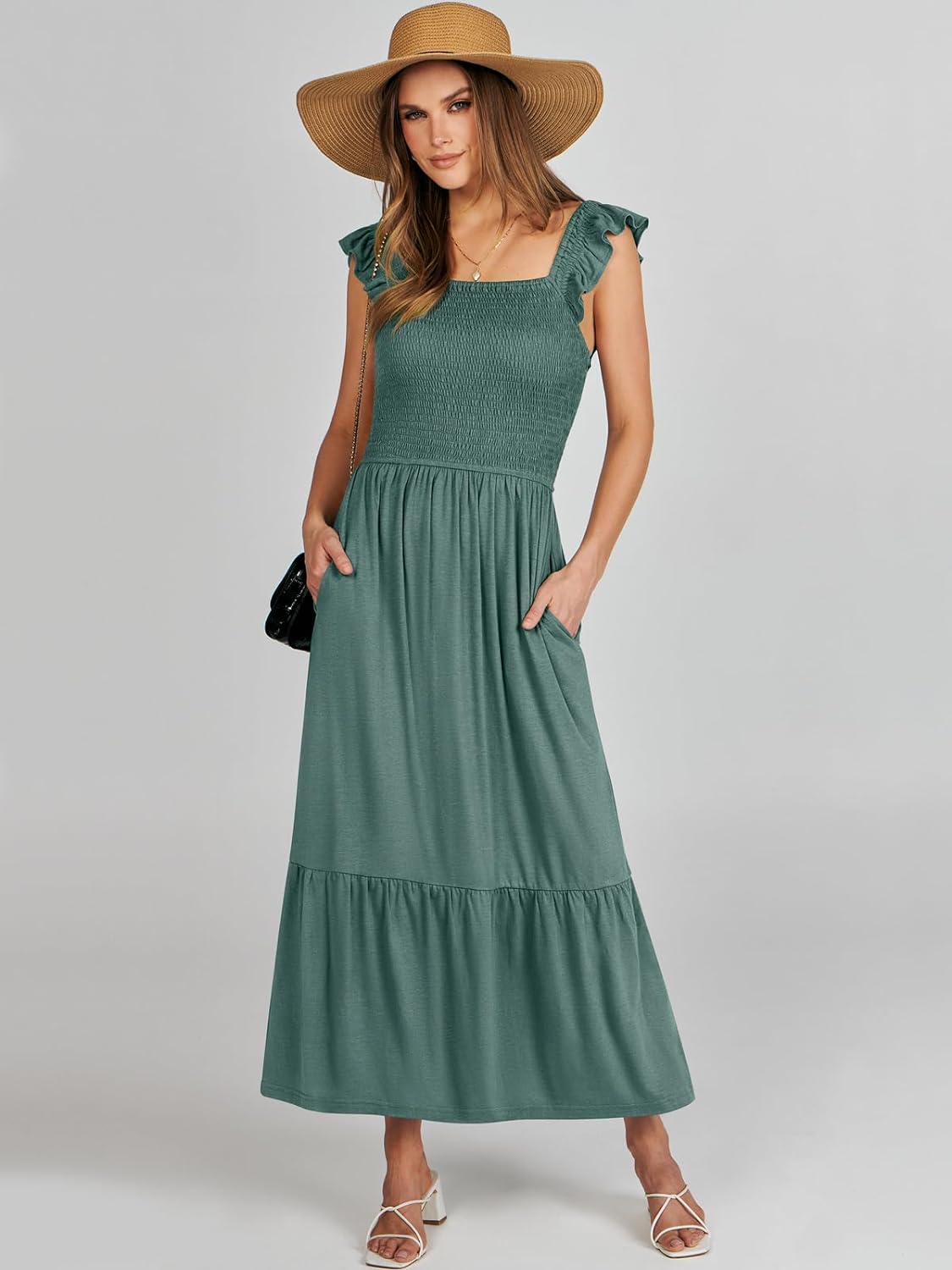 Women’s Summer Maxi Dress Square Neck Ruffle Sleeveless Smocked Tiered Casual Beach Sundress with Pockets