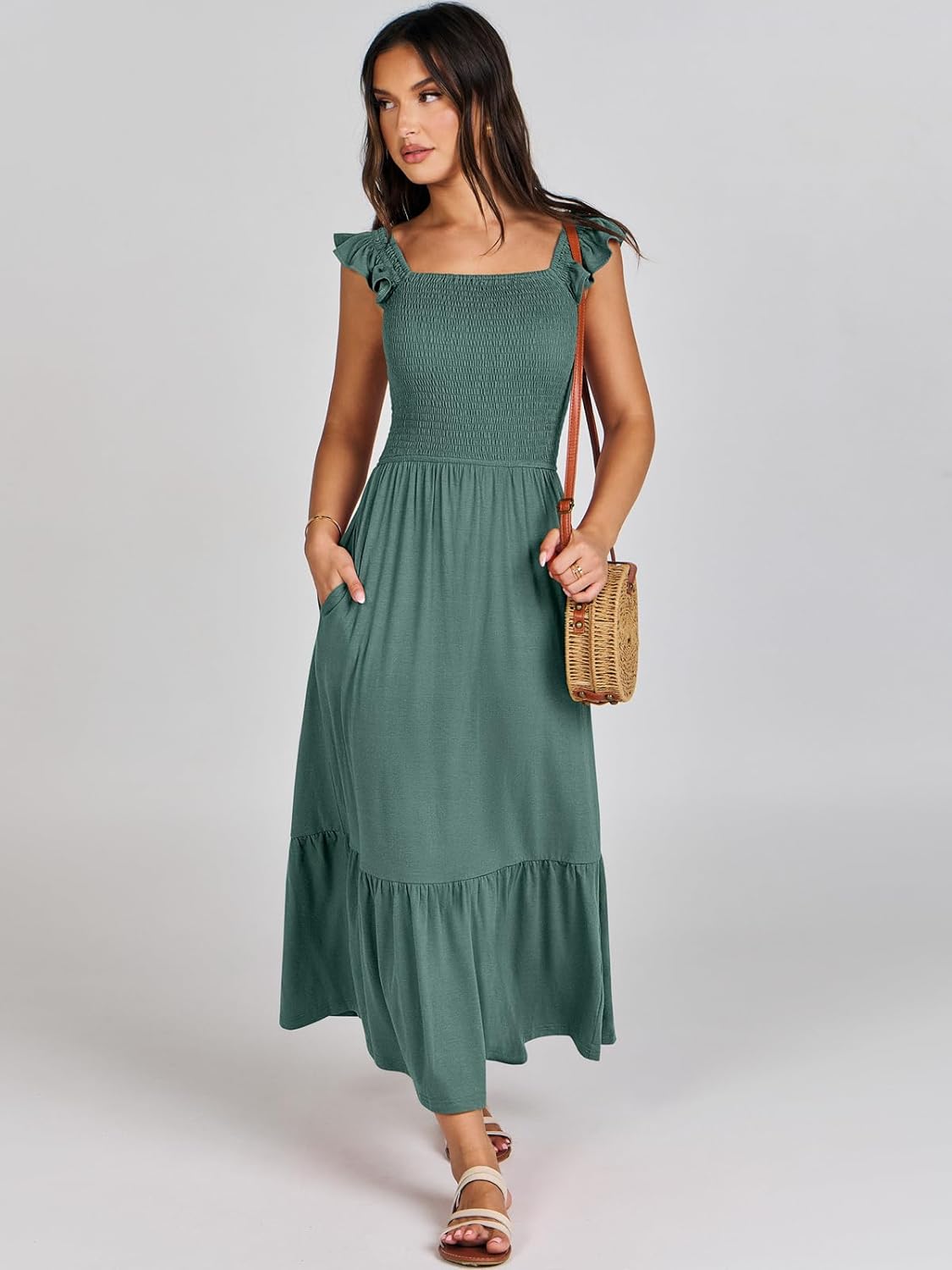 Women’s Summer Maxi Dress Square Neck Ruffle Sleeveless Smocked Tiered Casual Beach Sundress with Pockets