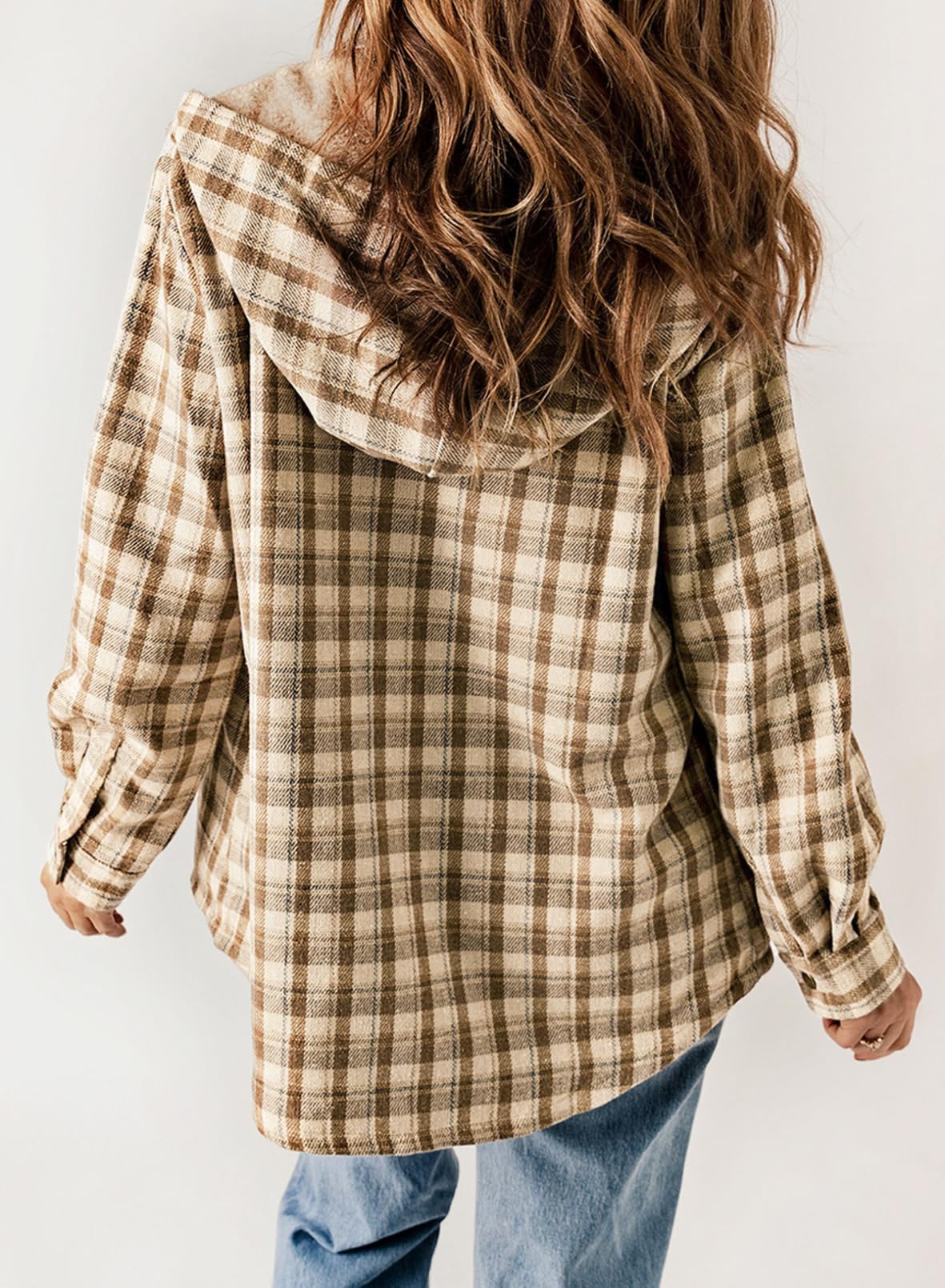 Women's Fall Thickened Flannel Long Sleeve Plaid Jacket Coat with Hood