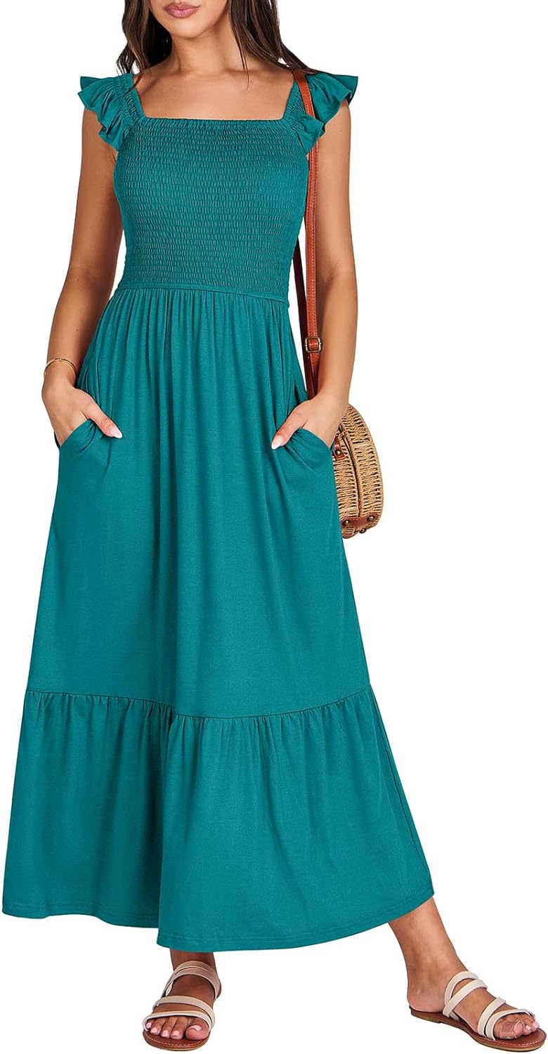 Women’s Summer Maxi Dress Square Neck Ruffle Sleeveless Smocked Tiered Casual Beach Sundress with Pockets