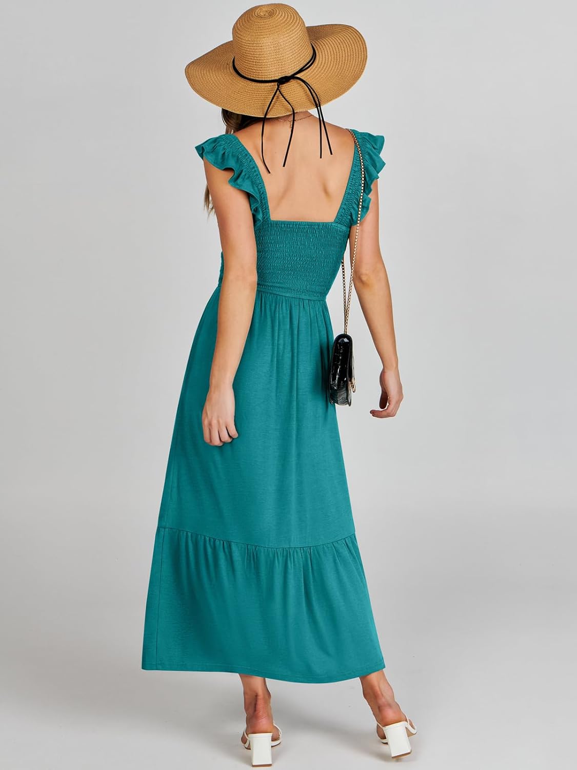 Women’s Summer Maxi Dress Square Neck Ruffle Sleeveless Smocked Tiered Casual Beach Sundress with Pockets