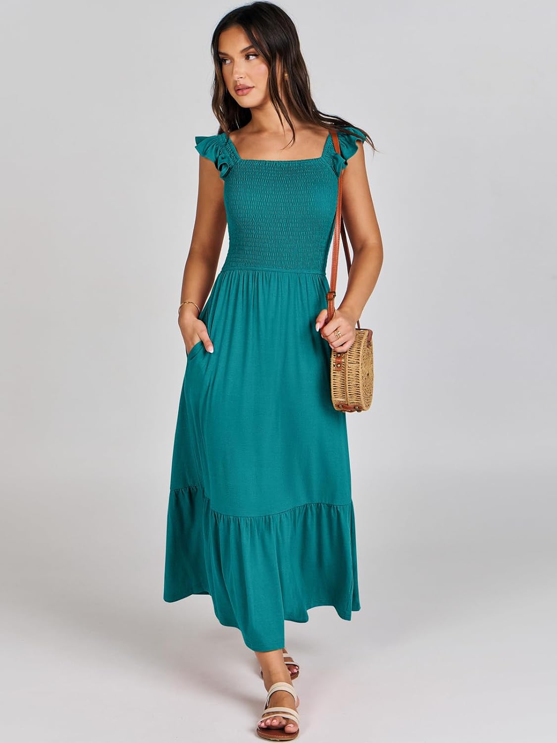 Women’s Summer Maxi Dress Square Neck Ruffle Sleeveless Smocked Tiered Casual Beach Sundress with Pockets