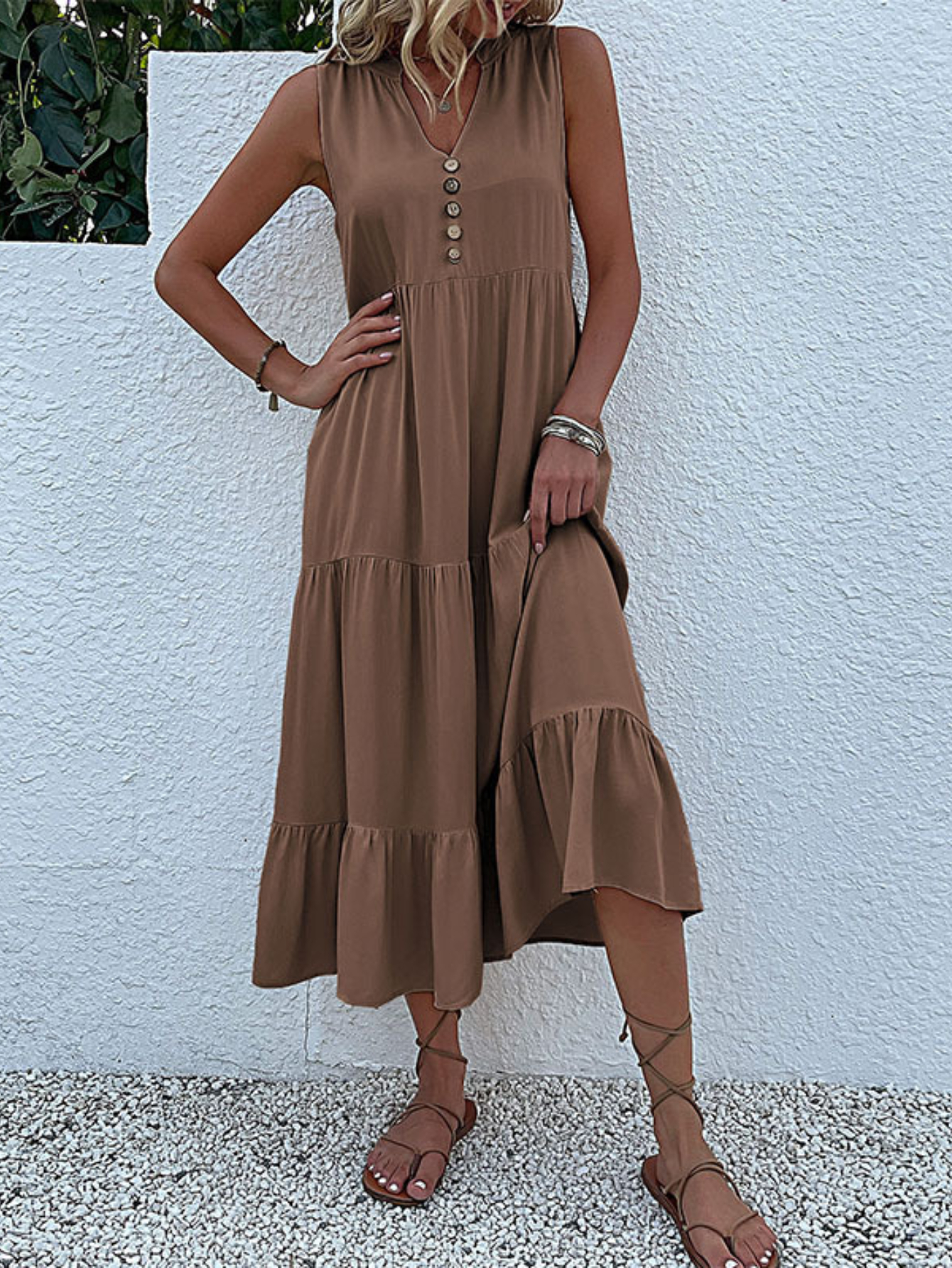 Button Detail Layered Hem Smock Dress