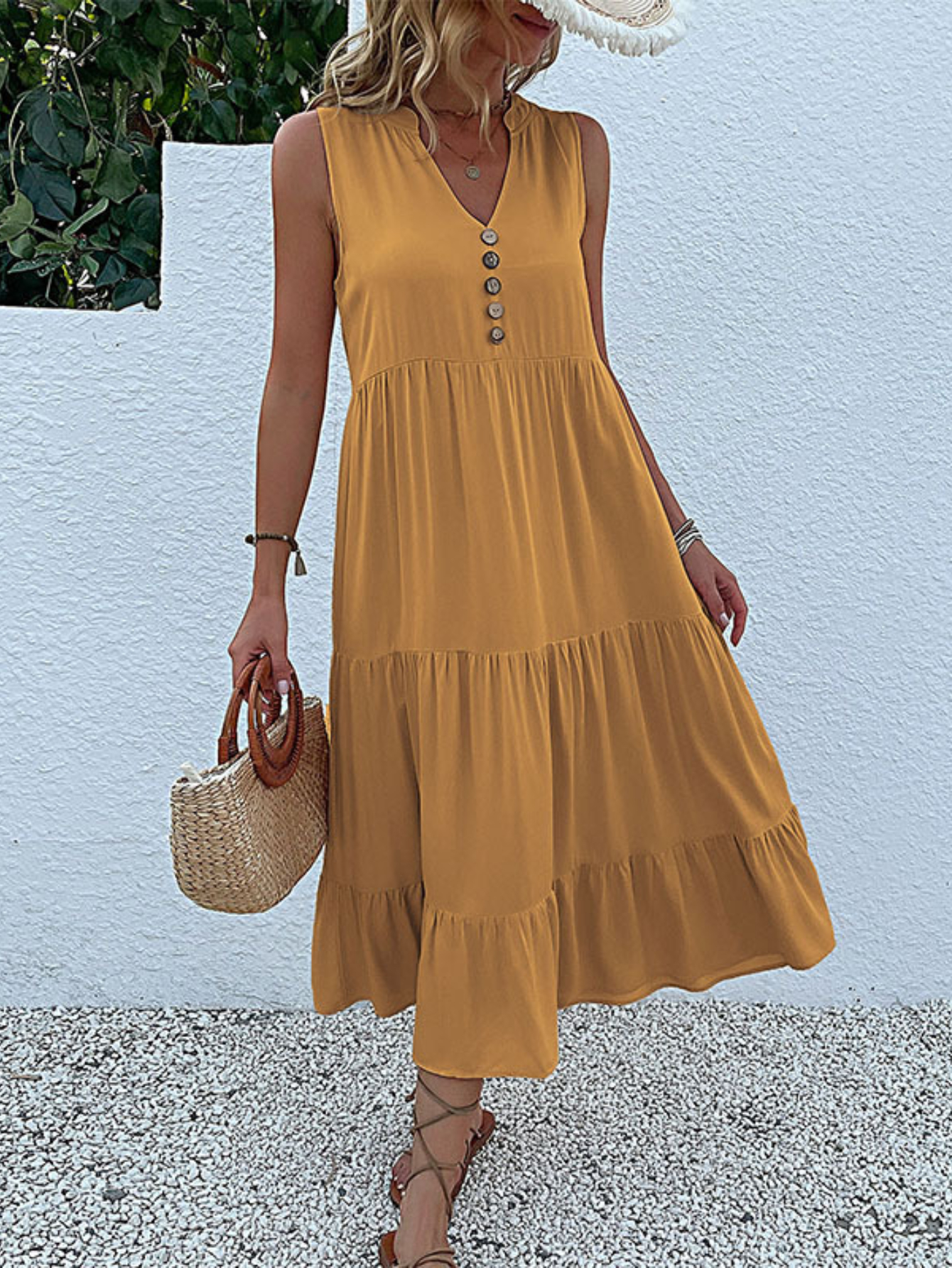 Button Detail Layered Hem Smock Dress