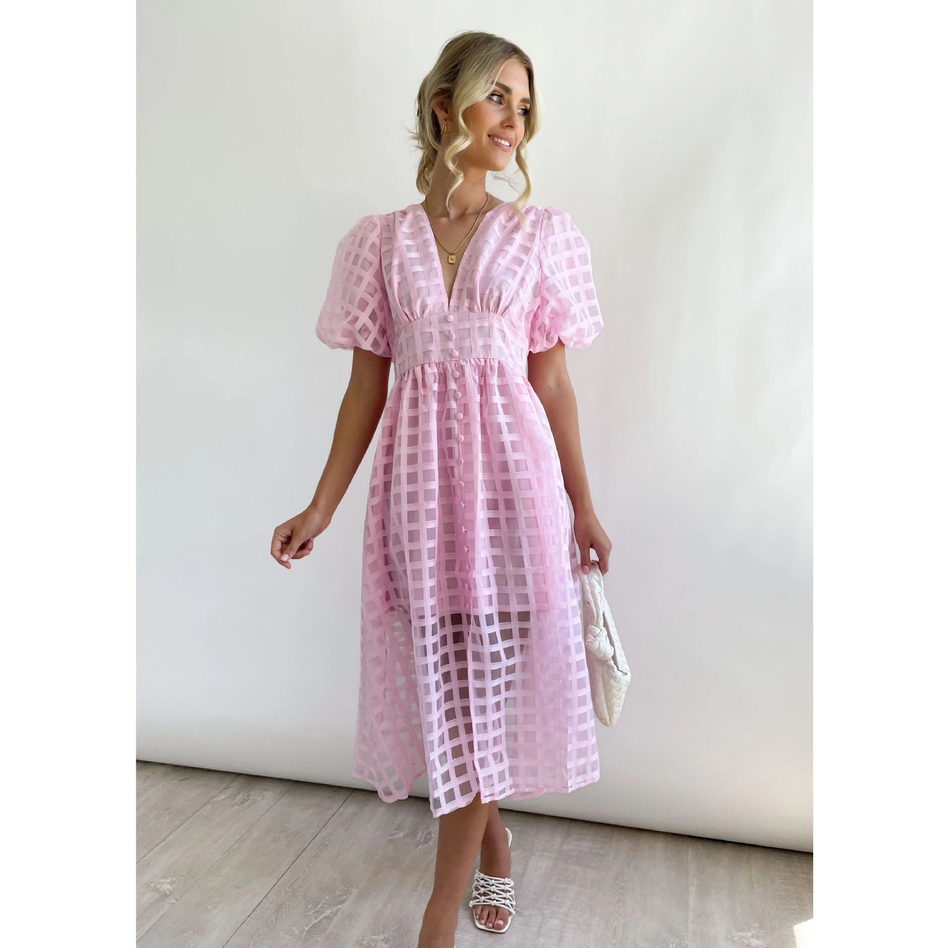 Fashion Beauty Square Puff Sleeve Midi Dress