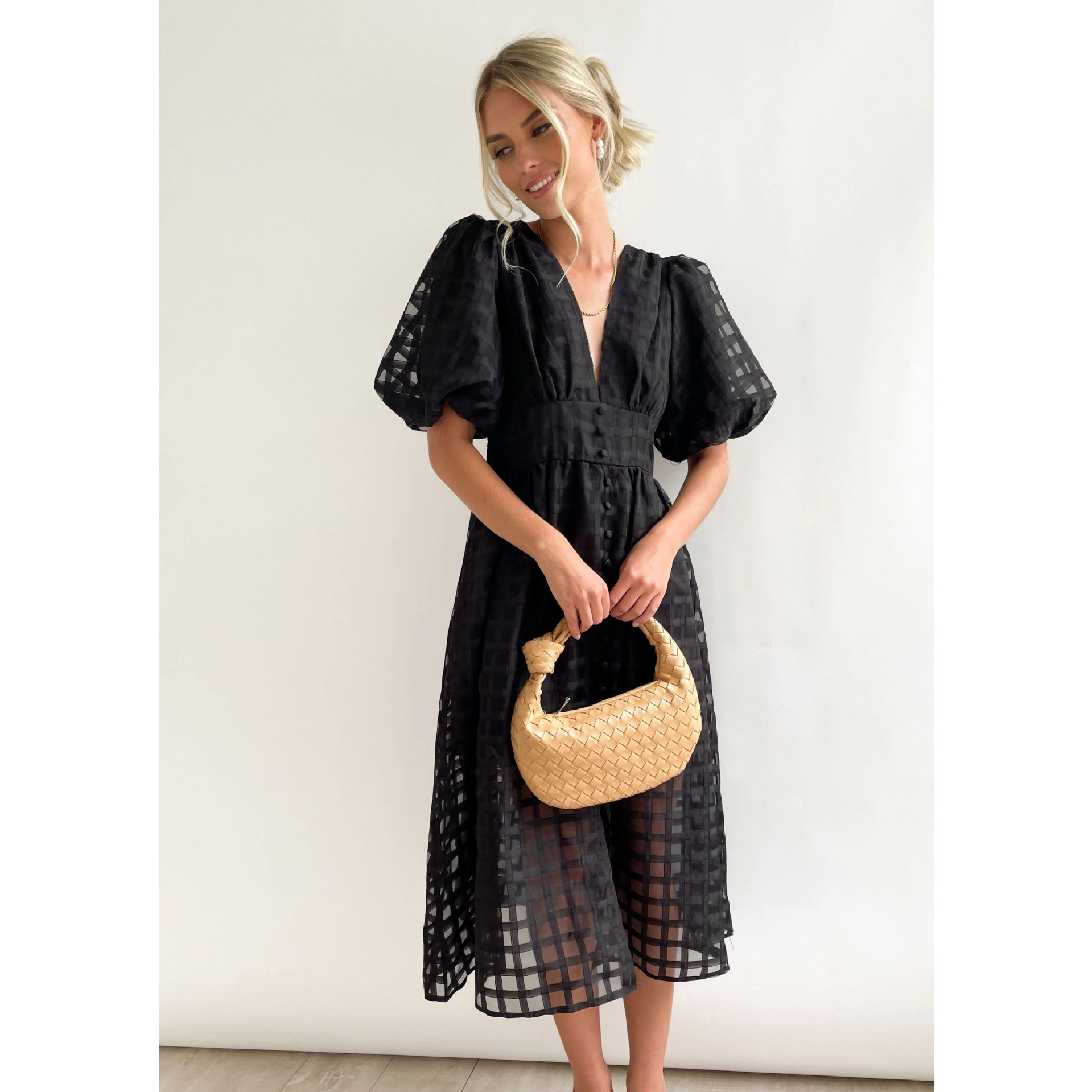 Fashion Beauty Square Puff Sleeve Midi Dress