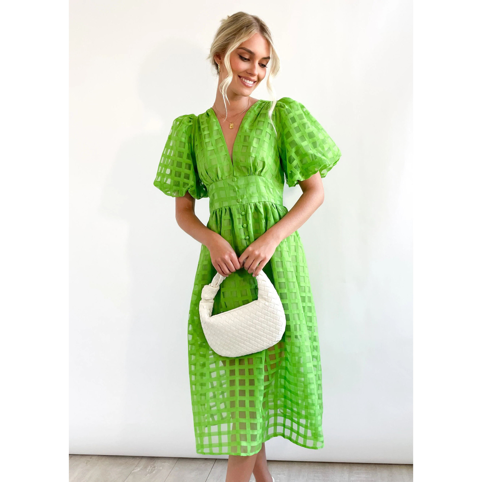 Fashion Beauty Square Puff Sleeve Midi Dress