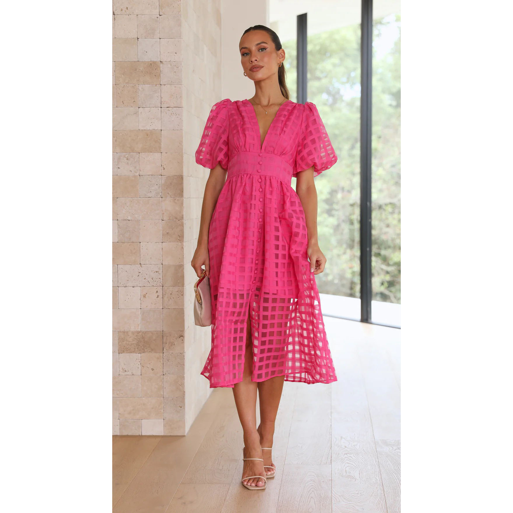 Fashion Beauty Square Puff Sleeve Midi Dress