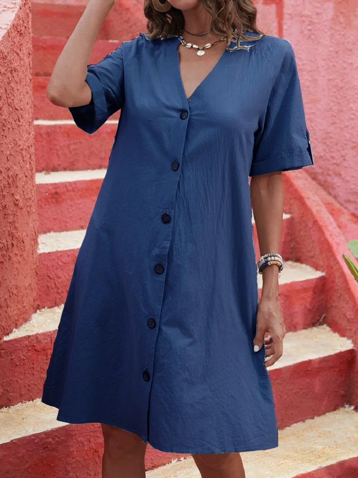 Summer Women's V Neck Loose Breasted Dress