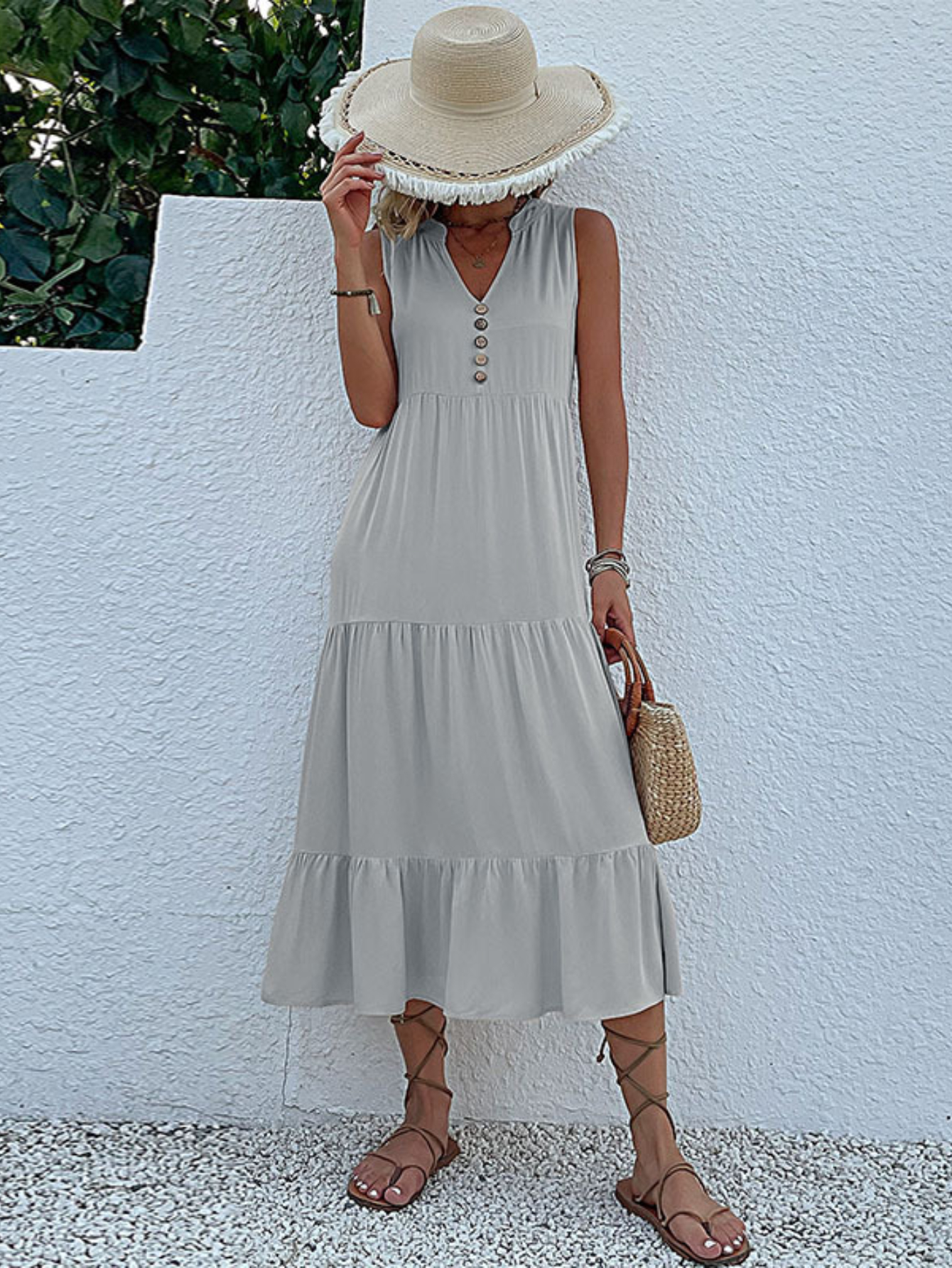 Button Detail Layered Hem Smock Dress