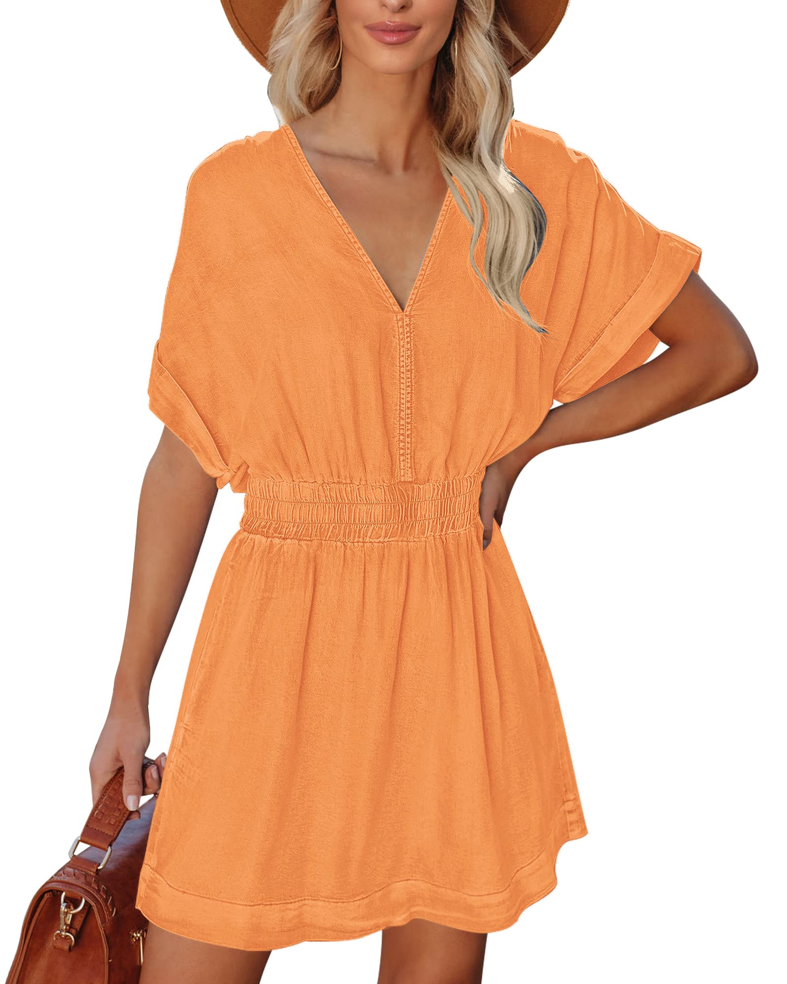 Waistband slimming V-neck denim dress with Pockets